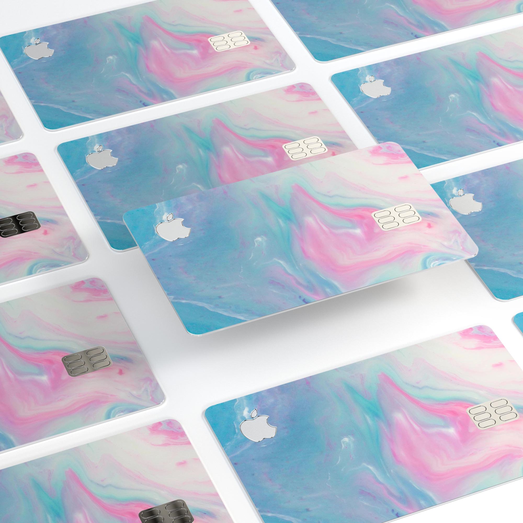 Marbleized Pink and Blue Paradise V482 decal applied on an Apple Card, showcasing its stylish design and premium finish.